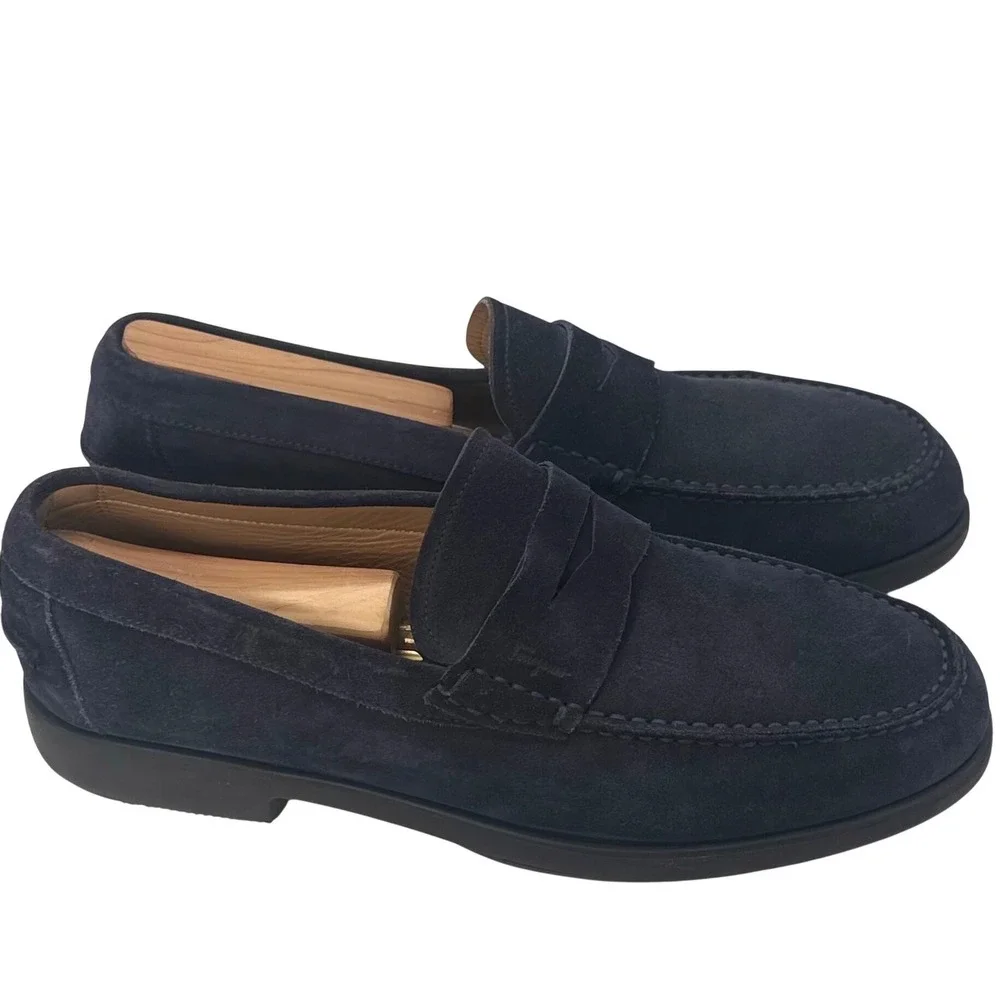 Salvatore Ferragamo Mens Navy Blue Suede Penny Loafers Moc Made in Italy 8 EE - Picture 4 of 10